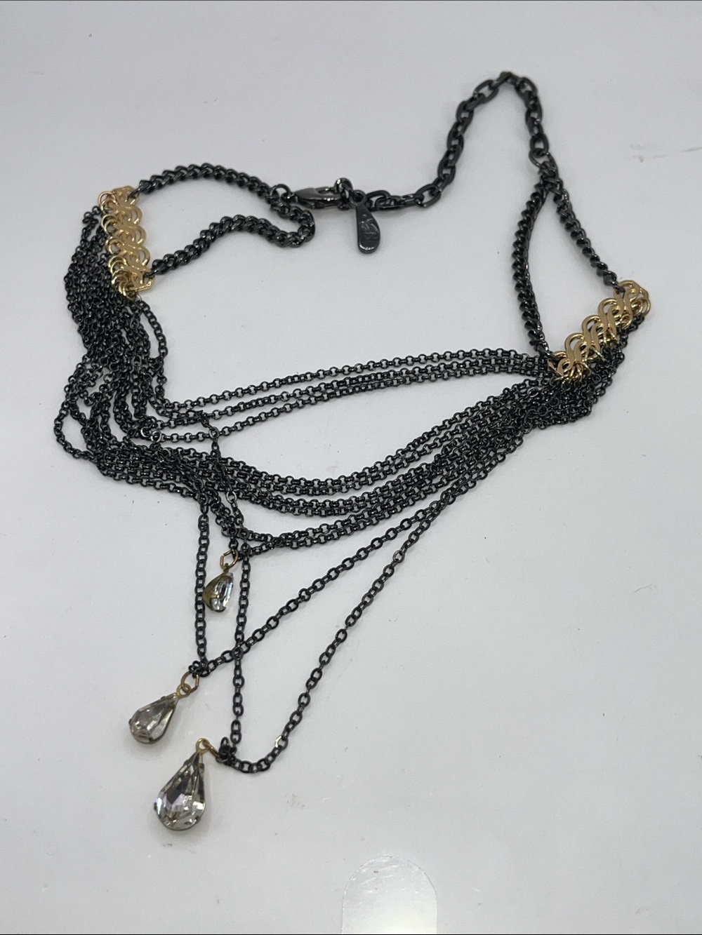 Multi-Strand Gunmetal and Gold Necklace with Crystal Teardrops 14" - Picture 7 of 8
